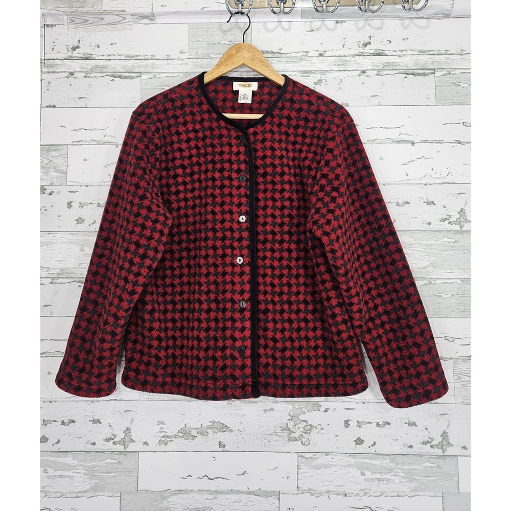Talbots Womens Red Black Houndstooth Fleece Button Front Cardigan Jacket Medium